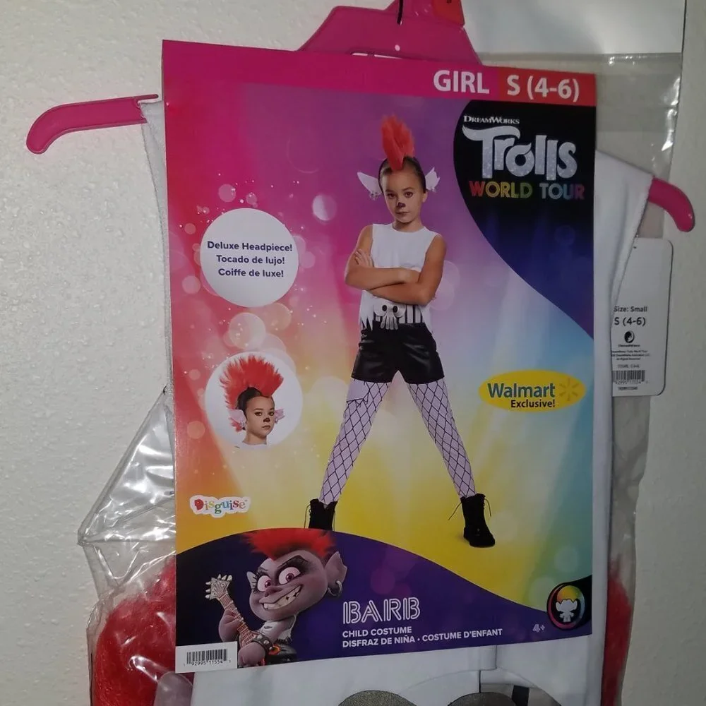 NEW Barb Trolls World Tour Halloween Costume S 4-6 M 8-10 Jumpsuit Mohawk